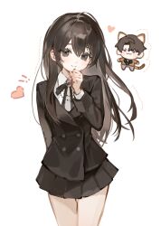  1boy 1girl absurdres animal_ears black_eyes black_hair black_jacket black_ribbon black_skirt blazer blush brown_eyes brown_hair caleb_(love_and_deepspace) cat_ears chibi closed_mouth collared_shirt commentary cowboy_shot eungkoyaru heart highres jacket long_hair long_sleeves looking_at_viewer love_and_deepspace miniskirt neck_ribbon pleated_skirt ribbon school_uniform shirt simple_background skirt smile tail white_background white_shirt 