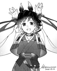 1boy aged_down alternate_costume animal_ears arms_up belt collarbone corset cowboy_shot greyscale japanese_clothes jewelry kimetsu_no_yaiba looking_at_viewer low_ponytail male_focus monochrome open_mouth ponytail ring simple_background smile solo standing sujiko_(125motimoti) teeth tomioka_giyuu twitter_username upper_teeth_only white_background 