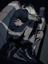  1boy bandana billy_kane black_bandana black_shoes black_socks black_suit commentary couch covering_face crack_of_light dress_shoes fatal_fury formal_clothes highres lying male_focus monochrome on_couch on_side oxfords plasticcero99 shoes short_hair sleeping socks solo suit the_king_of_fighters untranslatable_commentary 