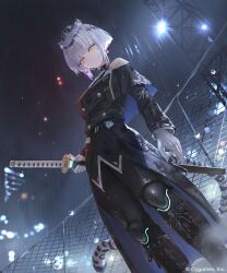  1girl animal_ear_fluff animal_ears ascot belt belt_buckle belt_pouch black_jacket breasts buckle commentary_request earrings epaulettes from_above gildaria_(shadowverse) gloves glowing glowing_sword glowing_weapon hat holding holding_sword holding_weapon jacket jewelry katana lapels looking_at_viewer medium_breasts military_jacket pavement pillbox_hat ponzu_(catponz) pouch shadowverse shadowverse:_worlds_beyond short_hair solo standing striped_tail sword tail tiger_ears tiger_girl tiger_tail weapon white_ascot white_gloves white_hair yellow_eyes 