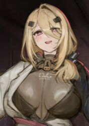 1girl absurdres andoris_(girls'_frontline_2) blonde_hair breasts breasts_apart bright_pupils commentary girls'_frontline_2:_exilium girls_frontline hair_ornament highres large_breasts long_hair looking_at_viewer mole mole_under_eye mole_under_mouth multiple_moles open_mouth smile solo upper_body violet_eyes white_pupils xerbatt 