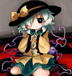  1girl black_eyes black_hat blush bow bright_pupils brown_socks buttons checkered_floor closed_mouth collared_shirt diamond_button disembodied_linked_eye empty_eyes eyeball floral_print flying_sweatdrops frilled_shirt_collar frilled_sleeves frills green_hair green_skirt hair_over_one_eye hat hat_bow heart heart_of_string heripantomorrow index_fingers_together komeiji_koishi long_hair long_sleeves looking_at_viewer on_floor print_skirt rose_print shirt sitting skirt socks solo touhou unusually_open_eyes wavy_mouth white_pupils wide_sleeves yellow_bow yellow_shirt 