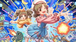  2girls :d ;d ahoge blue_eyes blue_skirt brown_hair card_commentary commentary_request drill_hair explosion frilled_shirt frills game_asset hat idolmaster idolmaster_million_live! idolmaster_million_live!_theater_days kaiju long_sleeves looking_at_viewer multiple_girls official_alternate_costume official_alternate_hair_color official_art one_eye_closed open_mouth overall_skirt pink_shirt shirt short_hair skirt smile standing star_(symbol) takatsuki_yayoi third-party_source translation_request tv_show twin_drills white_hat yabuki_kana yellow_eyes 