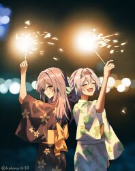  2girls absurdres black_hairband black_kimono closed_eyes cowboy_shot firefly_(honkai:_star_rail) fireworks floral_print grey_hair hairband highres holding holding_fireworks honkai:_star_rail honkai_(series) japanese_clothes k2_(kazu1030) kimono long_hair multiple_girls obi open_mouth sash smile sparkler stelle_(honkai:_star_rail) trailblazer_(honkai:_star_rail) twitter_username white_kimono yellow_eyes yellow_sash yukata 