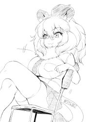  1girl :3 absurdres animal_ears arm_rest big_hair breast_pocket breasts chair closed_mouth crossed_legs elbow_gloves fur_collar furry gloves hair_between_eyes highres kemono_friends large_breasts lion_(kemono_friends) lion_ears lion_girl lion_tail long_hair masuyama_ryou miniskirt motion_lines multicolored_hair necktie pleated_skirt pocket shirt short_sleeves simple_background sitting skirt smile solo tail thigh-highs zettai_ryouiki 