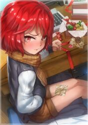  1girl blush box brown_eyes candy candy_wrapper clenched_hand commentary_request computer computer_keyboard cushion desk envelope feet_out_of_frame food frown gift gift_box hand_in_pocket heart houen idolmaster idolmaster_cinderella_girls jacket looking_at_viewer murakami_tomoe open_box red_hair red_ribbon revision ribbon scarf short_hair shorts sitting solo 