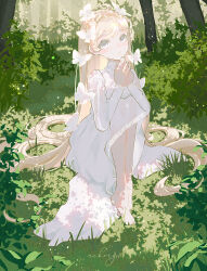  1girl absurdres barefoot blonde_hair blush bug butterfly butterfly_on_head commentary_request dappled_sunlight day dress flipped_sidelocks forest full_body grass grey_eyes head_tilt highres light_particles long_hair long_skirt long_sleeves looking_at_viewer nature nekory original outdoors own_hands_together parted_lips scenery see-through_clothes see-through_sleeves signature skirt solo sunlight swept_bangs tree tree_shade very_long_hair white_dress 