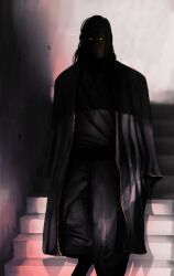  1boy absurdres anjens asterion_(shadow_slave) baggy_pants black_coat black_hair black_robe coat commentary english_commentary eyes_in_shadow glowing glowing_eyes gold_trim highres long_hair male_focus orange_eyes pants robe shadow_slave smoke solo stairs walking_towards_viewer 