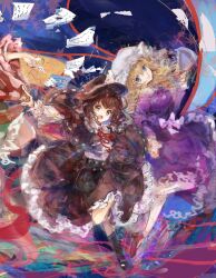  3girls :d alternate_neckwear autumn_leaves black_capelet black_hat black_shoes black_skirt black_socks blonde_hair blue_eyes bow brown_eyes brown_hair capelet character_request collared_dress collared_shirt commentary_request contrast_collar dress frilled_shirt_collar frilled_skirt frills hair_bow hand_grab hat hat_bow high-waist_skirt highres leaf leg_up long_hair long_sleeves maribel_hearn medium_hair mob_cap multiple_girls neck_ribbon open_mouth paper partial_commentary purple_dress red_ribbon red_shoes ribbon ribbon-trimmed_capelet ribbon_trim shirt shirt_tucked_in shoes skirt sleeve_cuffs smile socks touhou usami_renko uwazumi waist_bow white_bow white_hat white_shirt 