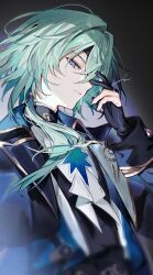  1boy anaxa_(honkai:_star_rail) ascot black_background black_gloves black_jacket black_vest blue_eyes chain closed_mouth crossed_bangs empty_eyes eyepatch fingernails from_side gloves gold_chain gold_trim greco-roman_clothes green_hair hair_ornament hair_tubes hand_up honkai:_star_rail honkai_(series) hou_(ppo) jacket jewelry lapels long_hair long_sleeves looking_at_viewer low_ponytail male_focus multicolored_eyes open_clothes open_jacket partially_fingerless_gloves ponytail ring shirt signature simple_background single_hair_tube solo two-sided_fabric two-sided_jacket upper_body vest violet_eyes white_ascot white_jacket white_shirt 
