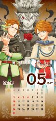  2026 4boys asta_(black_clover) black_bulls_(emblem) black_capelet black_clover blue_eyes brown_capelet brown_hair brown_pants calendar_(medium) capelet finral_roulacase green_jacket grey_hair heterochromia highres jacket langris_vaude multicolored_jacket multiple_boys official_art pants red_eyes red_hair red_jacket tabata_yuuki two-tone_jacket white_jacket white_pants zora_ideale 