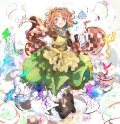  1girl :d apron bell blush book boots brown_boots checkered_clothes checkered_shirt clothing_request commentary_request frilled_apron frills green_skirt hair_bell hair_ornament highres holding holding_book long_sleeves motoori_kosuzu open_mouth orange_hair shirt skirt smile solo tagme touhou translation_request twintails uwazumi white_background wide_sleeves yellow_apron yellow_eyes 