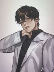  1boy black_eyes black_hair black_shirt coat collared_shirt ginisoka hair_between_eyes hand_on_own_neck highres kim_dokja looking_at_viewer male_focus omniscient_reader's_viewpoint open_clothes open_coat parted_lips shirt short_hair smile solo upper_body white_coat 