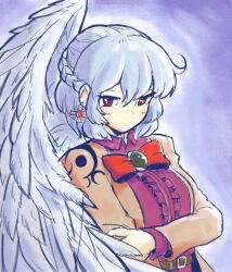  1girl belt bow bowtie braid breasts brown_belt commentary dress earrings english_commentary feathered_wings grey_hair grey_wings half_up_braid highres jacket jewelry kishin_sagume large_breasts long_sleeves looking_at_viewer open_clothes open_jacket orange_jacket oysterfried purple_dress red_bow red_bowtie red_eyes short_hair single_wing solo touhou upper_body wings 