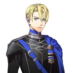  1boy armor artist_request black_armor blonde_hair blue_cape blue_eyes cape closed_mouth dimitri_alexandre_blaiddyd fire_emblem fire_emblem:_three_houses hair_between_eyes highres looking_at_viewer male_focus official_art short_hair side_cape simple_background solo transparent_background upper_body 