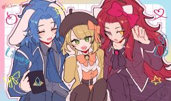  2girls ascot beret blonde_hair blue_ascot blue_coat blue_hair bow brown_hat brown_pantyhose chesed_(project_moon) cinnamoroll coat cosplay fuwa_fuwa_cinnamoroll gebura_(project_moon) grey_eyes hand_up hat hello_kitty hello_kitty_(character) hello_kitty_(character)_(cosplay) heterochromia highres knees_up library_of_ruina medium_hair multiple_girls open_mouth orange_bow pantyhose pompompurin pompompurin_(cosplay) project_moon sanrio smile tiphereth_a_(project_moon) yellow_coat yellow_eyes yuhan_company12 