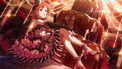  1girl black_bridal_gauntlets bridal_gauntlets card_commentary chocolate_fountain chocolate_on_hand commentary_request crossed_legs dress dutch_angle food_on_hand frilled_dress frills from_side full_body game_asset hat high_heels idolmaster idolmaster_million_live! idolmaster_million_live!_theater_days indoors looking_at_viewer looking_to_the_side mini_hat mini_top_hat official_alternate_costume official_art orange_hair pink_dress pink_shoes shoes short_hair sitting solo third-party_source top_hat turning_head yabuki_kana yellow_eyes 