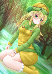  1girl absurdres blonde_hair blush boots day dutch_angle forest green_eyes grotle hat highres long_sleeves nature outdoors personification pokedex_number pokemon sunlight suspenders yellow-star-light yellow_boots 
