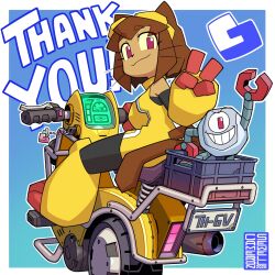  1boy 1girl animal_ears brown_hair cameron_sewell cat_ears cat_girl cat_tail commentary dress english_commentary fewer_digits furry furry_female gameoverse gauntlets goggles goggles_on_head highres kaboodle_(gameoverse) kit_(gameoverse) motor_vehicle motorcycle official_art on_motorcycle red_eyes sleeveless sleeveless_turtleneck smile tail thank_you toon_(style) turtleneck turtleneck_dress v whiskers yellow_dress yellow_gauntlets 