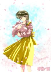  2girls absurdres baby baby_carry back_bow black_eyes black_hair blanket bow braid carrying carrying_baby carrying_person cherry_blossoms collared_sweater commentary_request copyright_name dated day falling_petals feet_out_of_frame godai_haruka hair_bow highres jian_yin long_hair looking_at_viewer maison_ikkoku multiple_girls open_mouth otonashi_kyouko outdoors petals pink_sweater red_bow signature single_braid skirt smile suspender_skirt suspenders swaddled sweater yellow_bow yellow_skirt 