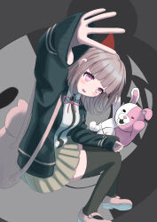  1girl absurdres animal_bag arm_up bag blush breasts brown_hair brown_skirt cat_bag collared_shirt commentary_request danganronpa_(series) danganronpa_2:_goodbye_despair flipped_hair hair_ornament highres jacket long_sleeves looking_at_viewer medium_hair monomi_(danganronpa) nanami_chiaki neck_ribbon open_clothes open_jacket pink_bag pink_eyes pink_ribbon pleated_skirt ribbon shirt skirt smile teeth thigh-highs two-tone_shirt ubibimaimai white_shirt 