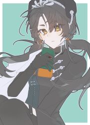  1girl :< beret black_boots black_dress black_gloves black_hair black_hat boots border cape cellphone chinstrap dress gloves green_background hand_up hat highres holding holding_phone knees_up liang_yue_(reverse:1999) long_hair looking_at_viewer low_twintails outside_border peu_(danpeu_0) phone police police_uniform policewoman reverse:1999 side_cape solo thigh_boots twintails upper_body white_border white_cape yellow_eyes 