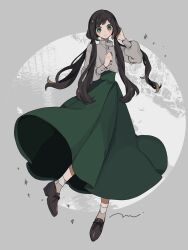  1girl adjusting_hair blush_stickers brown_hair brown_shoes buttons collared_shirt commentary green_eyes green_skirt grey_background grey_shirt hands_up high-waist_skirt highres leg_up loafers long_hair long_sidelocks long_skirt long_sleeves looking_at_viewer low_twintails maco22 mandarin_collar original puffy_long_sleeves puffy_sleeves shirt shoes sidelocks simple_background skirt socks solo twintails untranslatable_commentary very_long_sidelocks white_socks 