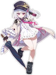  1girl absurdres astral_party black_gloves black_hat bonnie_(astral_party) breasts bright_pupils dress gloves hat highres holding holding_umbrella kedegn long_sleeves necktie one_side_up pink_eyes pink_gloves pink_necktie short_hair simple_background small_breasts solo umbrella white_dress white_hair 