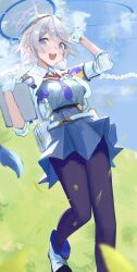  1girl absurdres black_pantyhose blue_archive blue_eyes blue_halo blue_necktie blue_shirt blue_sky braid chest_holster commentary_request cropped_shirt gloves grass halo herakuchi highres holding kirino_(blue_archive) long_hair looking_at_viewer multicolored_halo necktie open_mouth pantyhose pink_halo police police_uniform ring_of_light_(blue_archive) shirt sky solo standing twin_braids two-tone_halo white_gloves white_hair white_shirt wind 