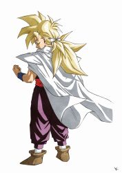  1boy blonde_hair boots brown_boots cape dragon_ball dragon_ball_z from_behind full_body green_eyes highres kakeru_(dbskakeru) long_hair looking_at_viewer looking_back pants purple_pants simple_background solo son_gohan super_saiyan super_saiyan_2 toriyama_akira_(style) white_background white_cape 