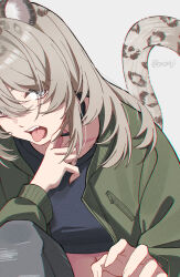  1girl absurdres animal_ears black_choker black_shirt choker choker_pull girls_band_cry green_jacket grey_eyes grey_hair highres jacket kawaragi_momoka kuji_(orca9ji) long_hair open_clothes open_jacket open_mouth shirt simple_background solo tail teeth tiger_ears tiger_girl tiger_tail upper_teeth_only white_background 
