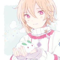  1boy androgynous bishounen blonde_hair blush border breath closed_mouth ensemble_stars! fingerless_gloves food gloves green_background grey_border grey_gloves hair_between_eyes immmmo_26 looking_at_viewer male_focus mochi multicolored_sweater nito_nazuna pink_sweater simple_background smile snowflakes solo sparkle star_(symbol) sweater violet_eyes white_sweater 