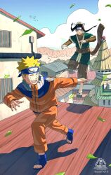  2boys facial_mark forehead_protector haku_(naruto) highres kirigakure_shinobi_uniform kirigakure_symbol konohagakure_symbol multiple_boys naruto_(classic) naruto_(series) ninja sssiii7610 sweater_under_kimono uzumaki_naruto uzumaki_symbol whisker_markings 