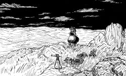  1girl apron bow clouds commentary greyscale hat hat_bow highres kirisame_marisa long_hair monochrome mountainous_horizon outdoors skirt solo super-flat-world telescope touhou vest waist_apron witch_hat 