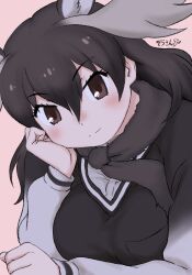  1girl animal_ears antlers black_hair black_scarf black_sweater blush brown_eyes brown_hair brown_necktie brown_scarf brown_sweater extra_ears hair_between_eyes head_rest highres horns kemono_friends long_hair long_sleeves looking_at_viewer masuyama_ryou moose_(kemono_friends) moose_ears multicolored_hair necktie pink_background scarf shirt smile solo sweater upper_body white_shirt 