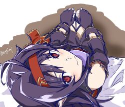  1girl ahoge armor artist_name asagi501 bare_shoulders boots breastplate closed_mouth detached_sleeves fingerless_gloves from_above from_behind full_body gloves hair_between_eyes hair_intakes hairband hands_on_own_knees highres legs_together leotard light_frown long_sleeves looking_at_viewer looking_back looking_up messy_hair miniskirt on_bed pointy_ears purple_armor purple_boots purple_gloves purple_hair purple_leotard purple_skirt purple_sleeves red_eyes red_hairband red_trim sidelocks sitting sketch skirt solo sword_art_online thigh_boots twitter_username watermark yellow_trim yuuki_(sao) 