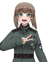  brown_hair collar_tabs commission green_eyes highres koalakanru medal non-web_source patch roa-chan short_twintails shoulder_boards shoulder_patch smile teeth tongue twintails upper_teeth_only v waist_belt world_war_ii 