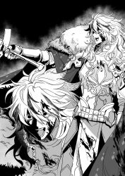  1boy absurdres alternate_class alternate_hairstyle armor belt blood blood_on_face blood_splatter braid cape commentary_request crazy_eyes fate/strange_fake fate_(series) fur-trimmed_cape fur_trim greyscale highres holding holding_sword holding_weapon male_focus monochrome richard_i_(fate) sword weapon ymann123 