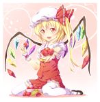  fang flandre_scarlet food fruit hat highres holding holding_fruit ichi_makoto mary_janes ponytail red_eyes shoes short_hair side_ponytail strawberry thigh-highs thighhighs touhou wings wrist_cuffs 