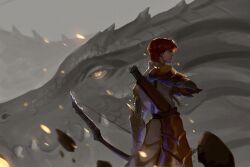  1boy absurdres animal armor bow_(weapon) breastplate burning commentary cowboy_shot curtained_hair dragon embers english_commentary from_behind gloxartx highres holding holding_bow_(weapon) holding_weapon kai_(shadow_slave) looking_at_viewer looking_back male_focus orange_hair quiver shadow_slave short_hair smile smirk weapon 