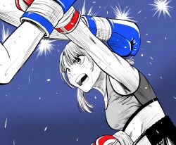  1girl 1other boxing boxing_gloves boxing_shorts breasts commentary_request flying_sweatdrops gloves highres lee_(dragon_garou) medium_breasts midriff motion_lines mouth_guard open_mouth original partially_colored punching red_gloves shorts sports_bra sweat twintails very_sweaty 