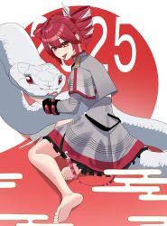  1girl 1other 2025 absurdres albino animal bare_legs barefoot chinese_zodiac double-parted_bangs drill_hair giant_snake grey_jacket grey_skirt hair_between_eyes highres jacket karasuda7 kasane_teto kasane_teto_(sv) layered_skirt long_sleeves oversized_animal red_eyes red_hair shoulder_boards sidelocks skirt snake soles synthesizer_v toes tongue tongue_out twin_drills utau white_snake year_of_the_snake 