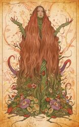  1girl batman_(series) branch comic_cover commentary cover cover_page dc_comics english_commentary eyeball florakinesis full_body green_eyes highres horror_(theme) jswayart long_hair monster_girl mushroom official_art orange_background orange_hair parted_hair plant_clothing plant_girl poison_ivy realistic red_nails solo spikes very_long_hair yellow_background 