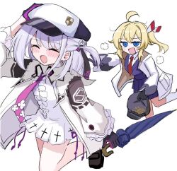  2girls ahoge astral_party black_gloves blonde_hair blue_eyes blush bone_hiko bonnie_(astral_party) dress fanny_(astral_party) gloves hat heavy_breathing holding holding_umbrella long_sleeves multiple_girls necktie newsboy_cap one_side_up open_mouth pink_gloves pink_necktie red_necktie short_hair side_ponytail simple_background skirt smile umbrella white_background white_dress white_hair white_hat 