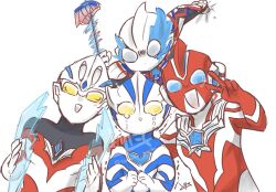  4boys :d alien black_skin blue_eyes blue_gem blue_skin blush chest_guard color_timer colored_skin commentary_request crying crying_with_eyes_open energy_barrier food forehead_jewel gem hand_on_another's_shoulder highres holding looking_at_viewer male_focus multicolored_skin multiple_boys no_pupils omega_slugger open_mouth pointy_ears punching red_skin shaded_face shish_kebab signature simple_background smile sparkling_eyes tears tokusatsu toriniku_goccha trembling twitter_username two-tone_skin ultra_series ultraman_arc ultraman_arc_(series) ultraman_blazar ultraman_blazar_(series) ultraman_omega ultraman_omega_(series) ultraman_teo ultraman_teo_(series) v watermark white_background white_skin yellow_eyes 