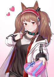  1girl absurdres angelina_(arknights) animal_ears arknights black_collar black_shirt box brown_hair closed_mouth coat collar commentary_request hairband hand_up head_tilt heart heart-shaped_box highres hood hood_down hooded_coat incoming_gift kano_(kotailo) long_hair long_sleeves open_clothes open_coat orange_eyes outstretched_arm red_hairband shirt sidelocks simple_background smile solo twintails valentine white_background white_coat 
