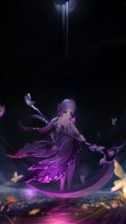  1girl absurdres asymmetrical_gloves backless_dress backless_outfit bare_back bare_shoulders black_gloves black_tiara boots bug butterfly castorice_(honkai:_star_rail) commentary_request dress elbow_gloves field flower flower_field flower_ornament from_behind full_body gloves hair_flower hair_ornament highres holding holding_scythe honkai:_star_rail honkai_(series) lancefate legwear_cutout long_hair looking_at_viewer looking_back low-tied_long_hair low_twintails moon night purple_boots purple_butterfly purple_dress purple_gloves purple_hair scythe single_elbow_glove sleeveless sleeveless_dress solo standing thigh_boots tiara twintails uneven_gloves violet_eyes 