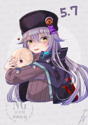  1girl character_doll charlotta_skopovskaya coat doll grey_hair hat heart heaven_burns_red holding holding_stuffed_toy kanyasu kayamori_ruka long_hair looking_at_viewer open_clothes open_coat stuffed_toy upper_body ushanka 