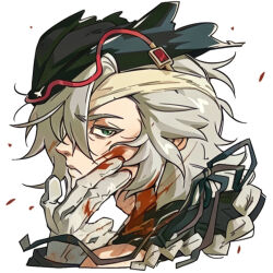  5202609076a ai-generated bandages braid closed_mouth gloves green_eyes hand_on_another's_cheek hand_on_another's_face hand_on_another's_head hunter_(bloodborne) jewelry long_hair male_focus original painterly portrait warrior white_gloves white_hair 