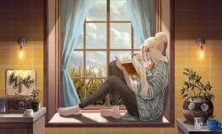  1girl absurdres barefoot black_pants blonde_hair book ceiling_light clouds commentary cup curtains feet flower from_side glasses hair_bun hanging_light highres holding holding_book holding_cup indoors jingburger knees_up korean_commentary lamp leggings light_bulb menu mouth_hold mug open_book pants plaid_clothes plaid_shirt plant potted_plant radio reading red_eyes shirt single_hair_bun sitting sleeves_rolled_up soles solo taken_samdol10 teacup toes virtual_youtuber waktaverse window windowsill 